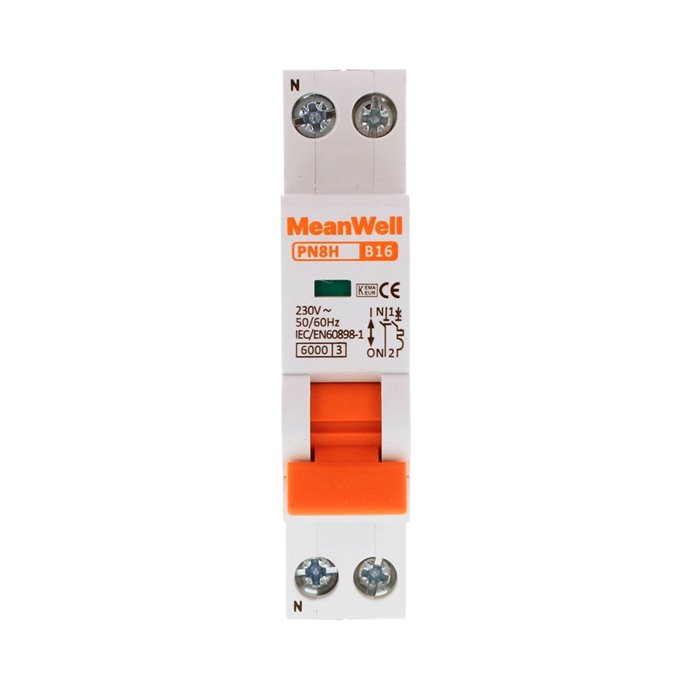 Interruttore Magnetetermico MeanWell Curva B 1 Polo+Neutro 1M 6kA B16A AC 230V IP20 IEC60898