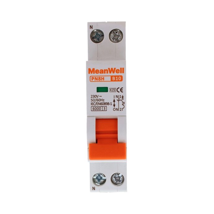 Interruttore Magnetetermico MeanWell Curva B 1 Polo+Neutro 1M 6kA B10A AC 230V IP20 IEC60898 Interruttore Magnetetermico MeanWell Curva B 1 Polo+Neutro 1M 6kA B10A AC 230V IP20 IEC60898
