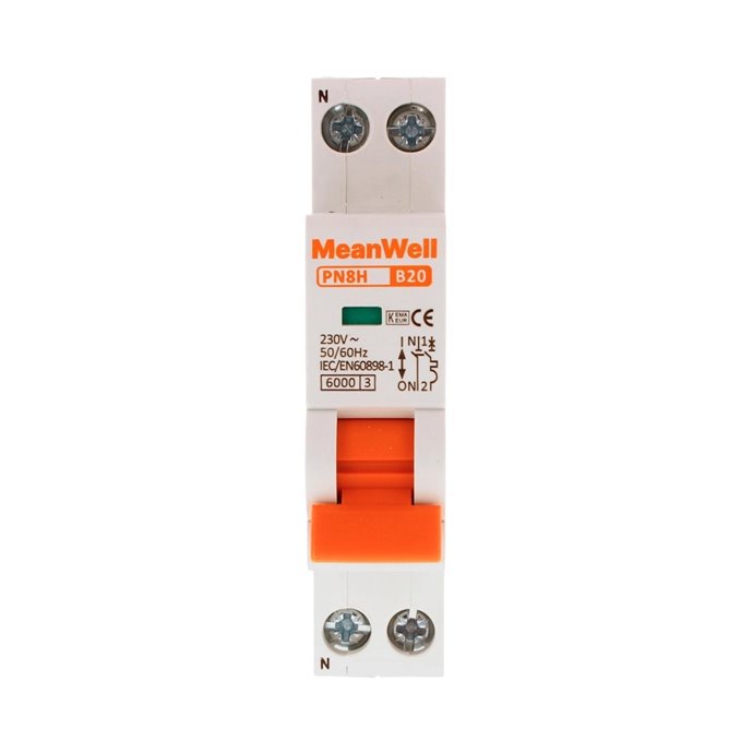 Interruttore Magnetetermico MeanWell Curva B 1 Polo+Neutro 1M 6kA B20A AC 230V IP20 IEC60898 Interruttore Magnetetermico MeanWell Curva B 1 Polo+Neutro 1M 6kA B20A AC 230V IP20 IEC60898