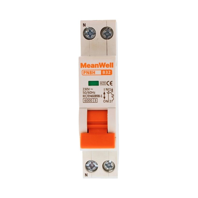 Interruttore Magnetetermico MeanWell Curva B 1 Polo+Neutro 1M 6kA B32A AC 230V IP20 IEC60898 Interruttore Magnetetermico MeanWell Curva B 1 Polo+Neutro 1M 6kA B32A AC 230V IP20 IEC60898
