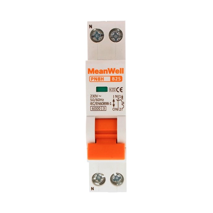 Interruttore Magnetetermico MeanWell Curva B 1 Polo+Neutro 1M 6kA B25A AC 230V IP20 IEC60898 Interruttore Magnetetermico MeanWell Curva B 1 Polo+Neutro 1M 6kA B25A AC 230V IP20 IEC60898