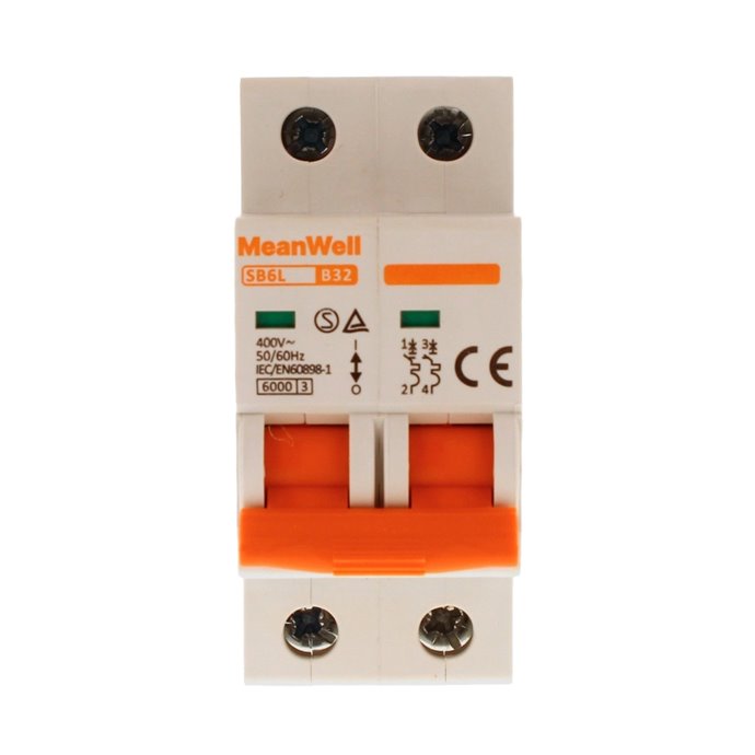 Interruttore Magnetetermico MeanWell Curva B 2P 2M 6kA B32A AC 400V IP20 IEC60898 Interruttore Magnetetermico MeanWell Curva B 2P 2M 6kA B32A AC 400V IP20 IEC60898