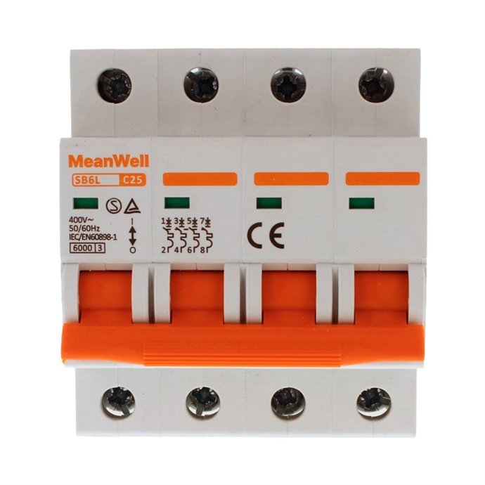 Interruttore Magnetetermico MeanWell Curva C 4P 4M 6kA C25A AC 400V IP20 IEC60898 Interruttore Magnetetermico MeanWell Curva C 4P 4M 6kA C25A AC 400V IP20 IEC60898