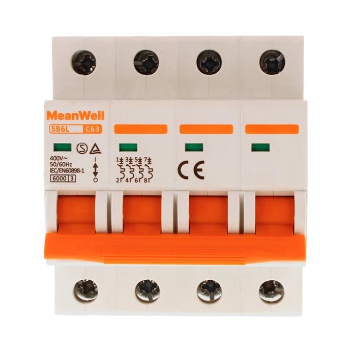 Interruttore Magnetetermico MeanWell Curva C 4P 4M 6kA C63A AC 400V IP20 IEC60898 Interruttore Magnetetermico MeanWell Curva C 4P 4M 6kA C63A AC 400V IP20 IEC60898