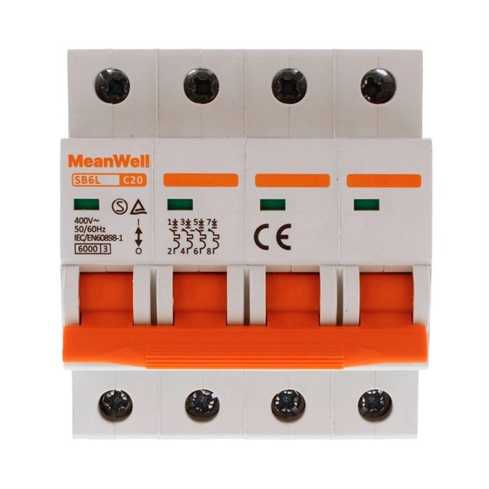 Interruttore Magnetetermico MeanWell Curva C 4P 4M 6kA C20A AC 400V IP20 IEC60898 Interruttore Magnetetermico MeanWell Curva C 4P 4M 6kA C20A AC 400V IP20 IEC60898