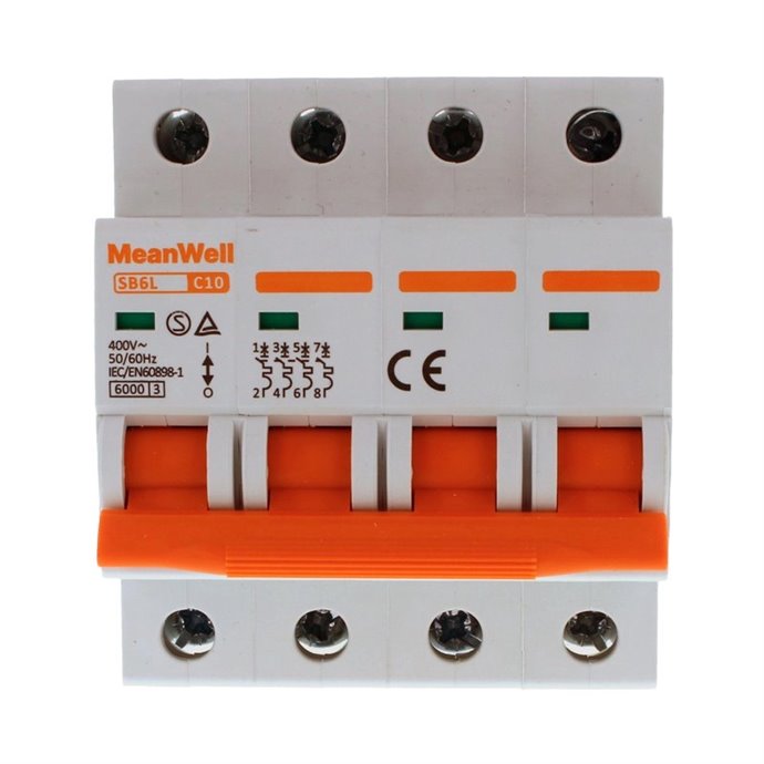 Interruttore Magnetetermico MeanWell Curva C 4P 4M 6kA C10A AC 400V IP20 IEC60898 Interruttore Magnetetermico MeanWell Curva C 4P 4M 6kA C10A AC 400V IP20 IEC60898