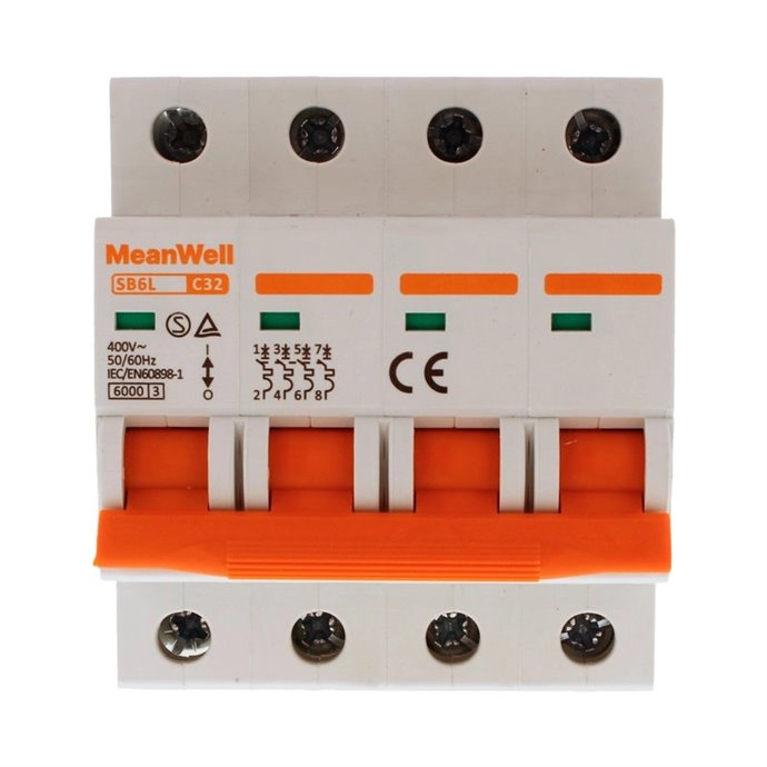 Interruttore Magnetetermico MeanWell Curva C 4P 4M 6kA C32A AC 400V IP20 IEC60898 Interruttore Magnetetermico MeanWell Curva C 4P 4M 6kA C32A AC 400V IP20 IEC60898