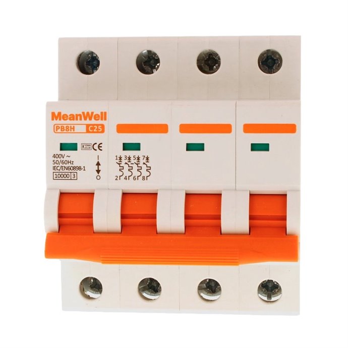 Interruttore Magnetetermico MeanWell Curva C 4P 4M 10kA C25A AC 400V IP20 IEC60898 Interruttore Magnetetermico MeanWell Curva C 4P 4M 10kA C25A AC 400V IP20 IEC60898