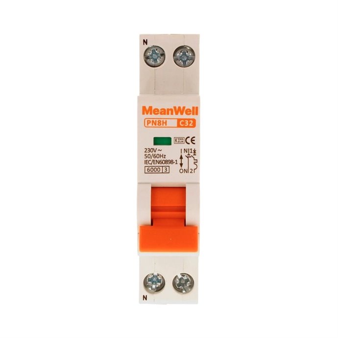 Interruttore Magnetetermico MeanWell Curva C 1 Polo+Neutro 1M 6kA C32A AC 230V IP20 IEC60898 Interruttore Magnetetermico MeanWell Curva C 1 Polo+Neutro 1M 6kA C32A AC 230V IP20 IEC60898
