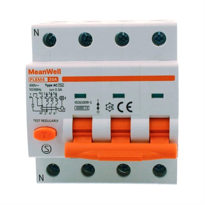 Magnetotermico Differenziale MeanWell Tipo AC Curva C 3P+N 4M 6kA C20A 400V Magnetotermico Differenziale MeanWell Tipo AC Curva C 3P+N 4M 6kA C20A 400V