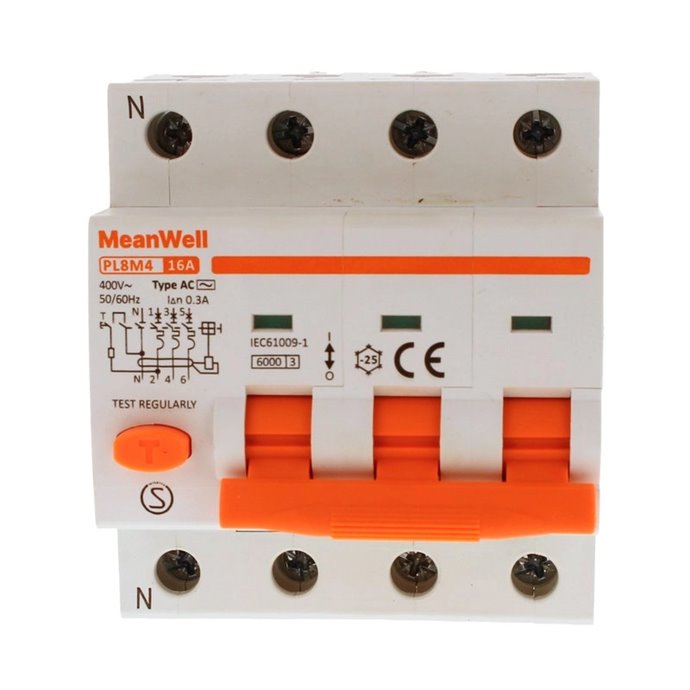 Magnetotermico Differenziale MeanWell Tipo AC Curva C 3P+Neutro 4M 6kA 300mA C16A 400V IP20 IEC61009 Magnetotermico Differenziale MeanWell Tipo AC Curva C 3P+Neutro 4M 6kA 300mA C16A 400V IP20 IEC61009