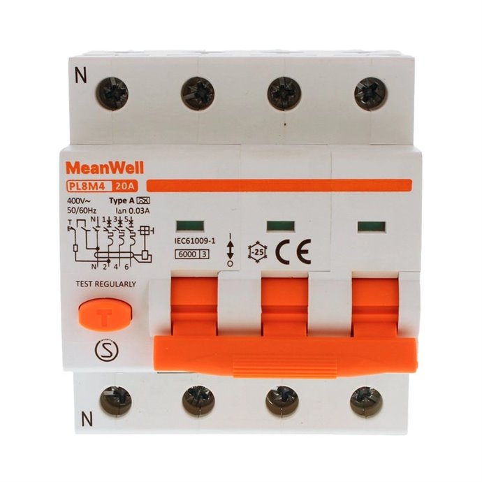 Magnetotermico Differenziale MeanWell Tipo A Curva C 3P+Neutro 4M 6kA 30mA C20A 400V IP20 IEC61009 Magnetotermico Differenziale MeanWell Tipo A Curva C 3P+Neutro 4M 6kA 30mA C20A 400V IP20 IEC61009