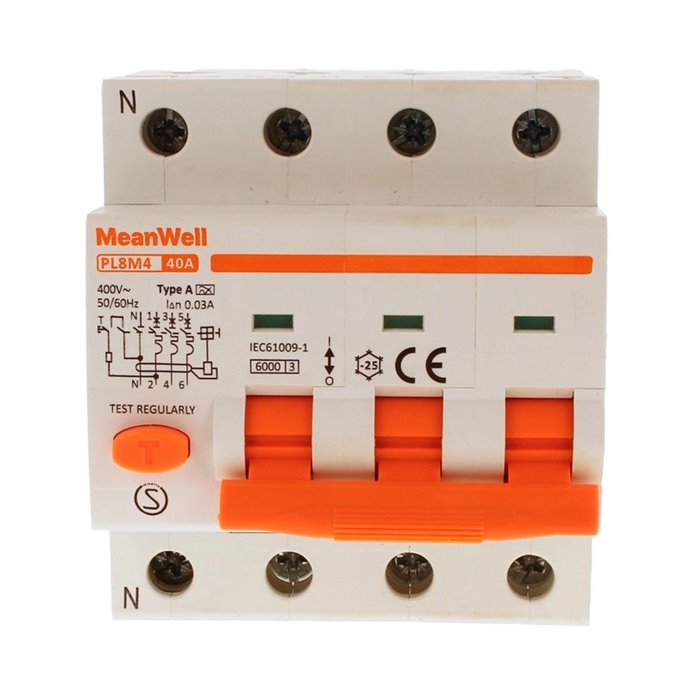 Magnetotermico Differenziale MeanWell Tipo A Curva C 3P+N 4M 6kA C40A AC 400V Magnetotermico Differenziale MeanWell Tipo A Curva C 3P+N 4M 6kA C40A AC 400V