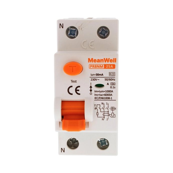 Differenziale Puro MeanWell Tipo A 1P+N 2M 6kA 30mA 25A AC 230V Differenziale Puro MeanWell Tipo A 1P+N 2M 6kA 30mA 25A AC 230V