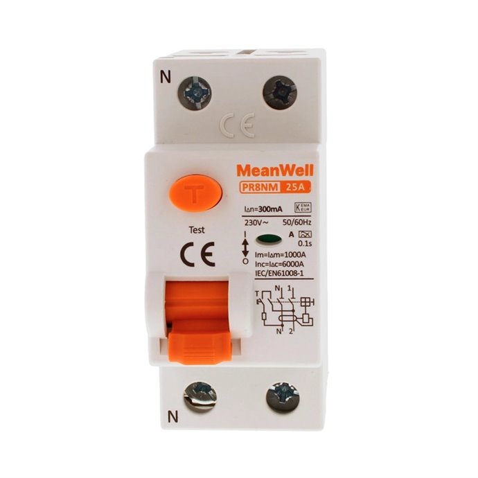 Differenziale Puro MeanWell Tipo A 1P+N 2M 6kA 300mA 25A AC 230V Differenziale Puro MeanWell Tipo A 1P+N 2M 6kA 300mA 25A AC 230V