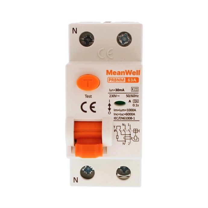 Differenziale Puro MeanWell Tipo A 1P+N 2M 6kA 30mA 63A AC 230V Differenziale Puro MeanWell Tipo A 1P+N 2M 6kA 30mA 63A AC 230V