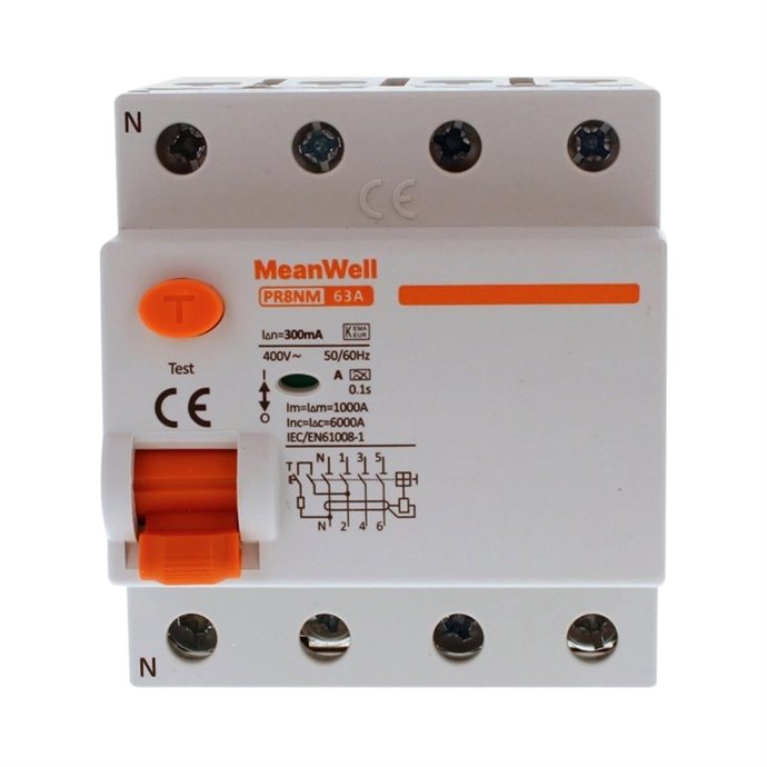 Differenziale Puro MeanWell Tipo A 3P+N 4M 6kA 300mA 63A AC 400V Differenziale Puro MeanWell Tipo A 3P+N 4M 6kA 300mA 63A AC 400V