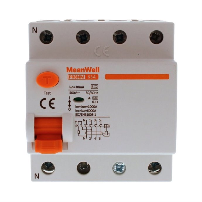 Differenziale Puro MeanWell Tipo A 3P+N 4M 6kA 30mA 63A AC 400V Differenziale Puro MeanWell Tipo A 3P+N 4M 6kA 30mA 63A AC 400V