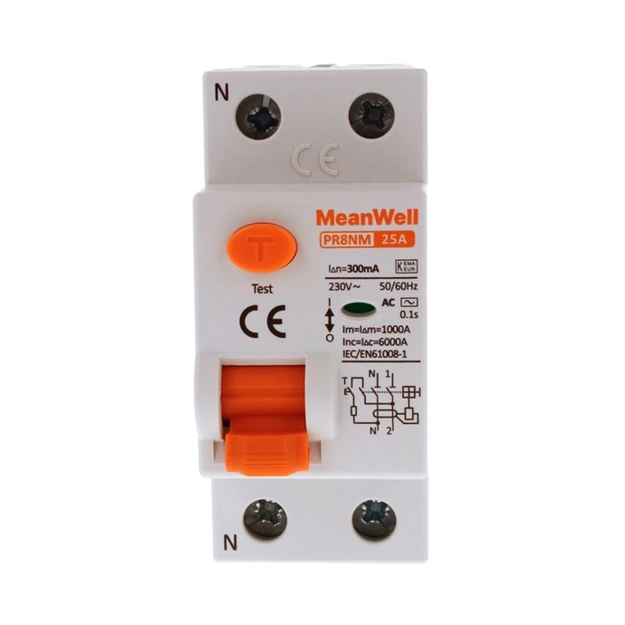 Differenziale Puro MeanWell Tipo AC 1P+N 2M 6kA 300mA 25A 230V Differenziale Puro MeanWell Tipo AC 1P+N 2M 6kA 300mA 25A 230V