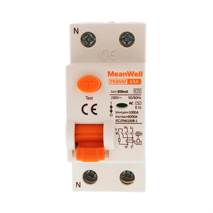 Differenziale Puro MeanWell Tipo AC 1P+N 2M 6kA 300mA 63A 230V Differenziale Puro MeanWell Tipo AC 1P+N 2M 6kA 300mA 63A 230V