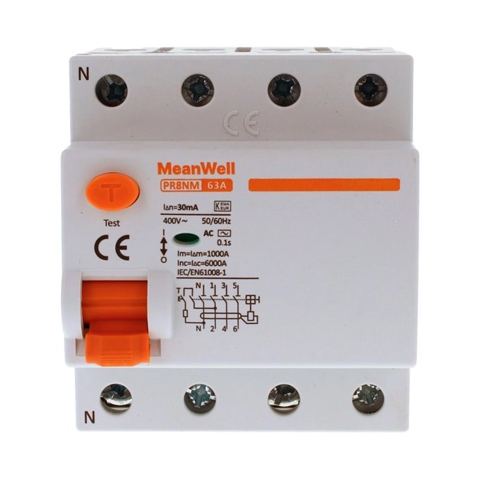 Differenziale Puro MeanWell Tipo AC 3P+N 4M 6kA 30mA 63A 400V Differenziale Puro MeanWell Tipo AC 3P+N 4M 6kA 30mA 63A 400V