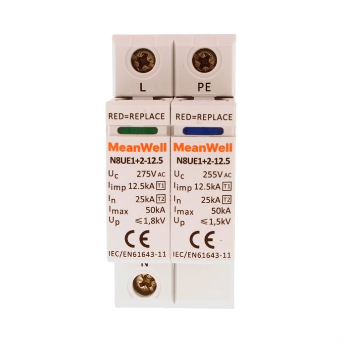 Scaricatore Di Sovratensione MeanWell Tipo 1+2 T1+T2 B+C 1 Polo+Neutro 2M 25kA-50kA 125kV AC 275V IP20 IEC61643 Scaricatore Di Sovratensione MeanWell Tipo 1+2 T1+T2 B+C 1 Polo+Neutro 2M 25kA-50kA 125kV AC 275V IP20 IEC61643