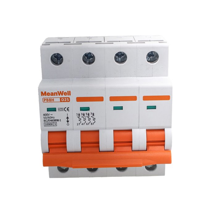 Interruttore Magnetotermico MeanWell Curva D 4P 4M 1kA D25A AC 400V IP20 IEC60898-1