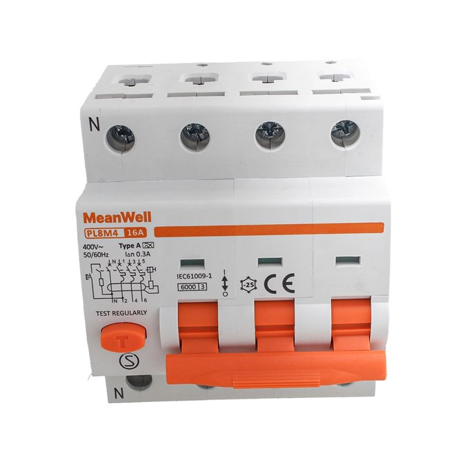 Interruttore Magnetotermico Differenziale Tipo A Curva C 3P+N 4M 6kA 300mA C16A AC 400V IP20 IEC61009-1