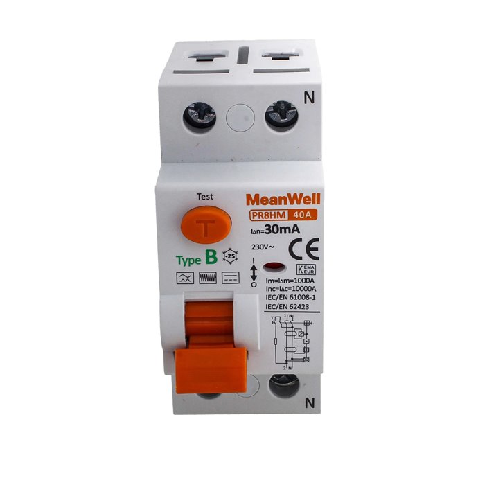 Interruttore Differenziale Puro MeanWell Tipo B 1P+N 2M 10000A 30mA 40A AC 230V IP20 IEC61008-1 / IEC62423 PR8HM