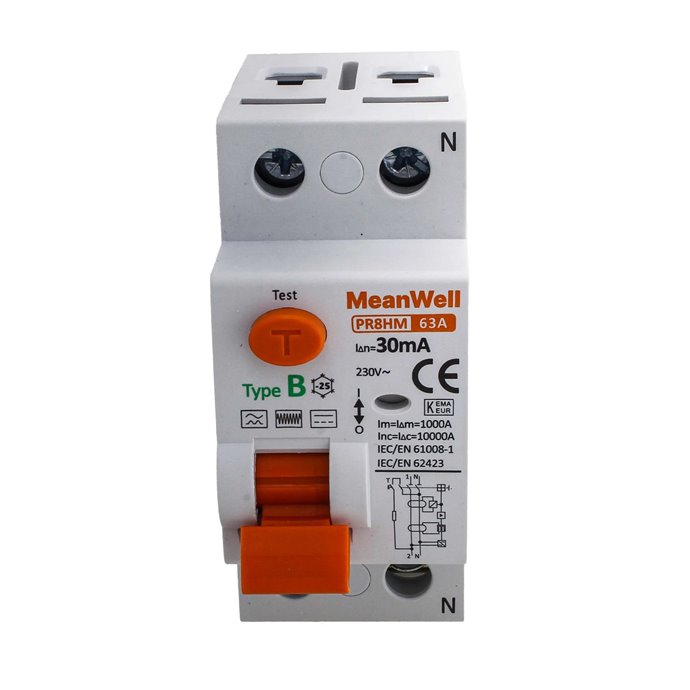 Interruttore Differenziale Puro MeanWell Tipo B 1P+N 2M 10000A 30mA 63A AC 230V IP20 IEC61008-1 / IEC62423 PR8HM