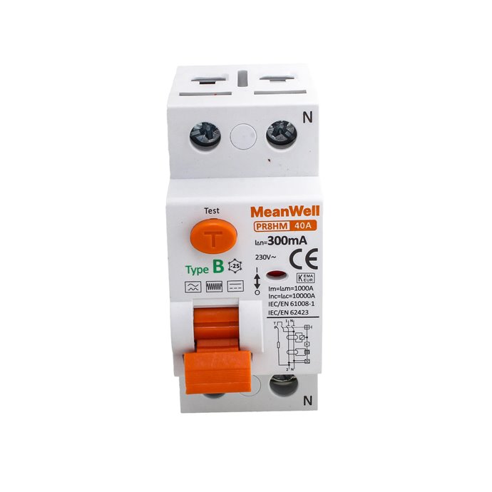 Interruttore Differenziale Puro MeanWell Tipo B 1P+N 2M 10000A 300mA 40A AC 230V IP20 IEC61008-1 / IEC62423 PR8HM