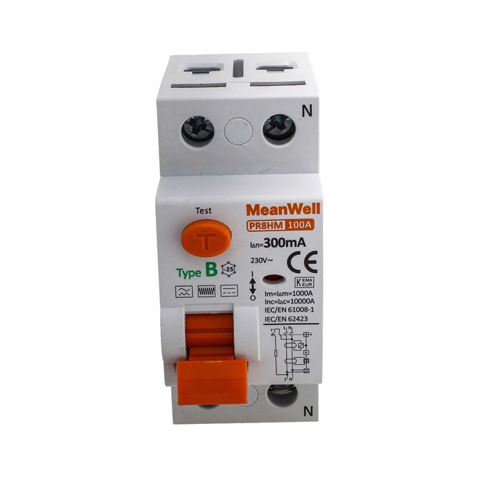 Interruttore Differenziale Puro MeanWell Tipo B 1P+N 2M 10000A 300mA 100A AC 230V IP20 IEC61008-1 / IEC62423 PR8HM