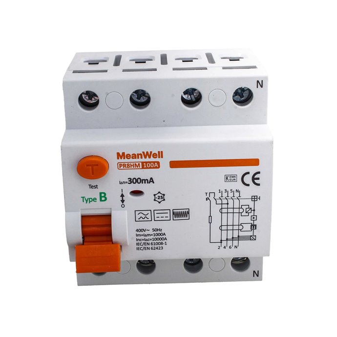 Interruttore Differenziale Puro MeanWell Tipo B 3P+N 4M 10000A 300mA 100A AC 400V IP20 IEC61008-1 / IEC62423 PR8HM