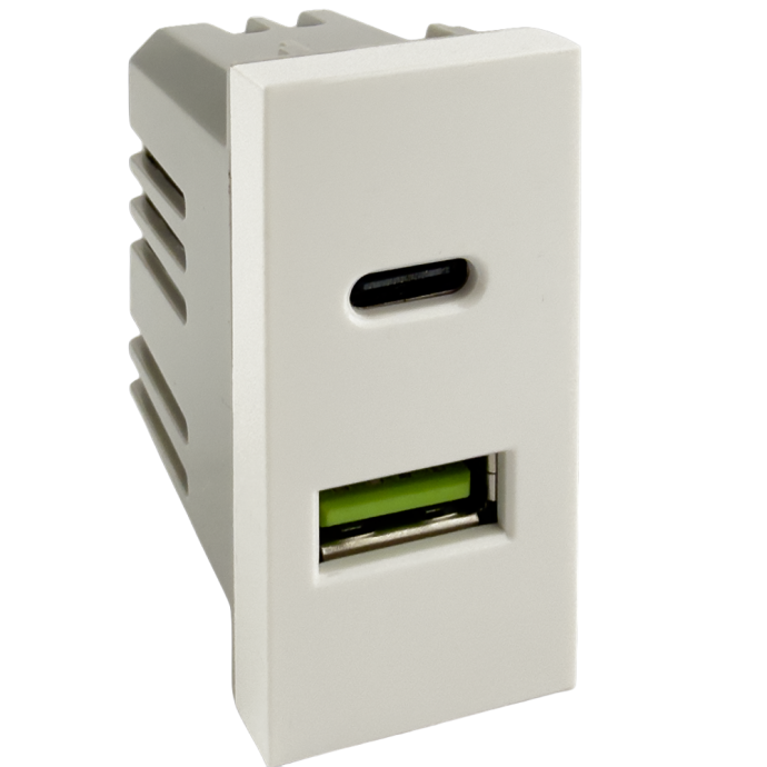Presa alimentatore USB con porte Tipo-A e Tipo-C da 1 modulo compatibile Bticino MatixGO colore bianco lucido - Vista frontale