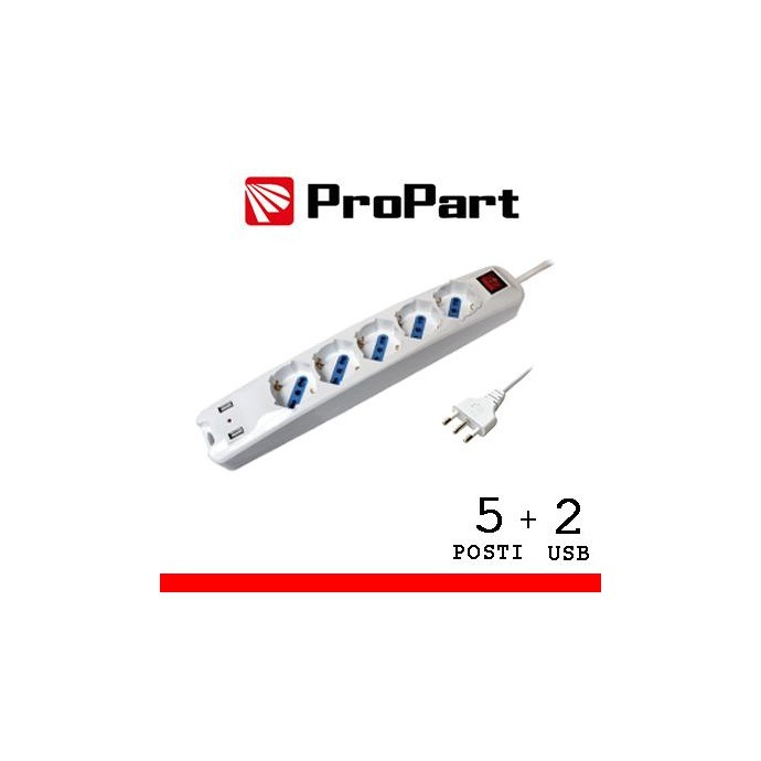 Multipresa 5pos bipasso/schuko + USB spina16A +interr.