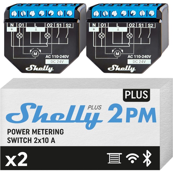 Shelly Plus 2PM DOUBLE PACK - Smart Relay 16A AC/DC WiFi Shelly Plus 2PM DOUBLE PACK - Smart Relay 16A AC/DC WiFi