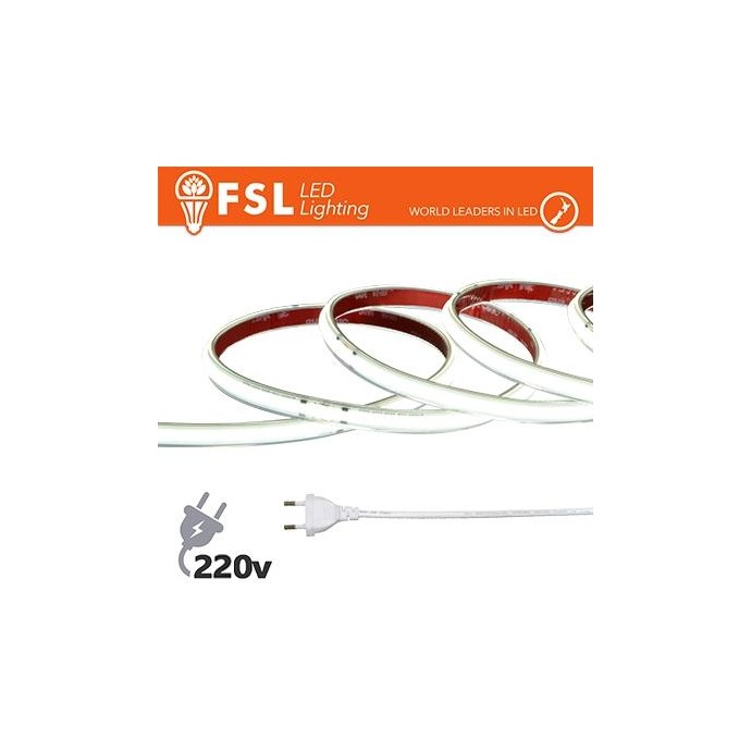 Striscia LED COB 5metri - IP65 6500K 220V 15W/m 1350lm/m +KIT tappo, colla, clip