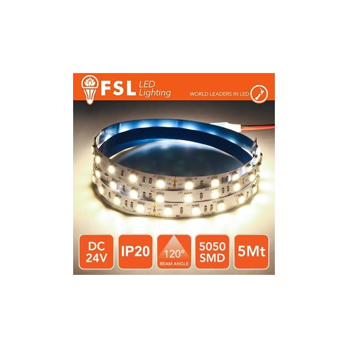 Striscia LED 5m IP20 5050 24V - 12W/m 60led/m 4000K