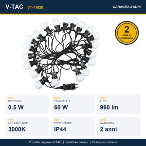 Catenaria LED da giardino 10m 20 lampadine IP44 bianca V-TAC VT-71020 - foto 7