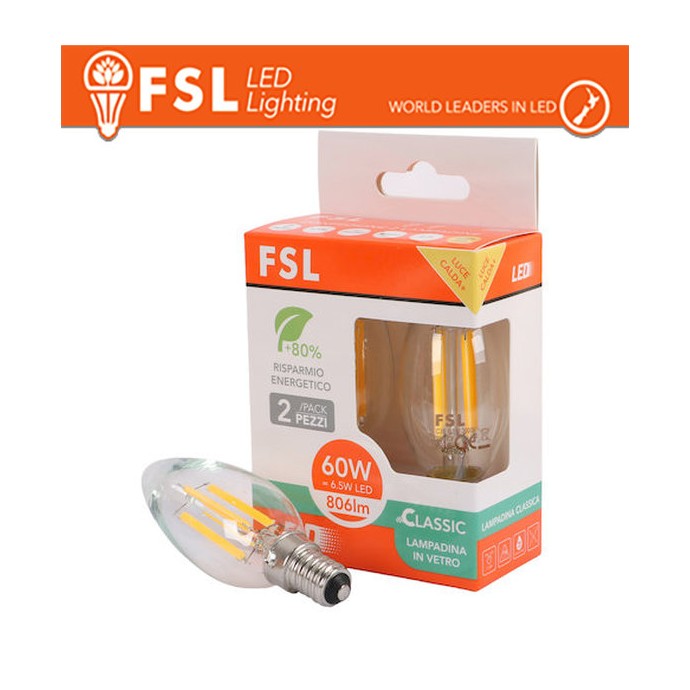 Lampadina LED Filamento C35 6,5W 3000K E14 FSL - 2 pezzi