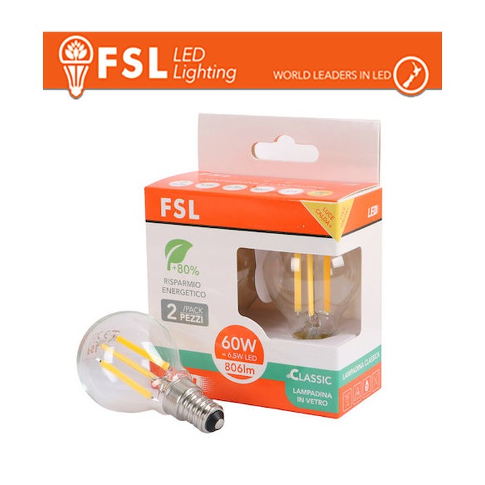 Lampadina LED G45 6.5W 3000K E14 FSL - confezione da 2 pezzi