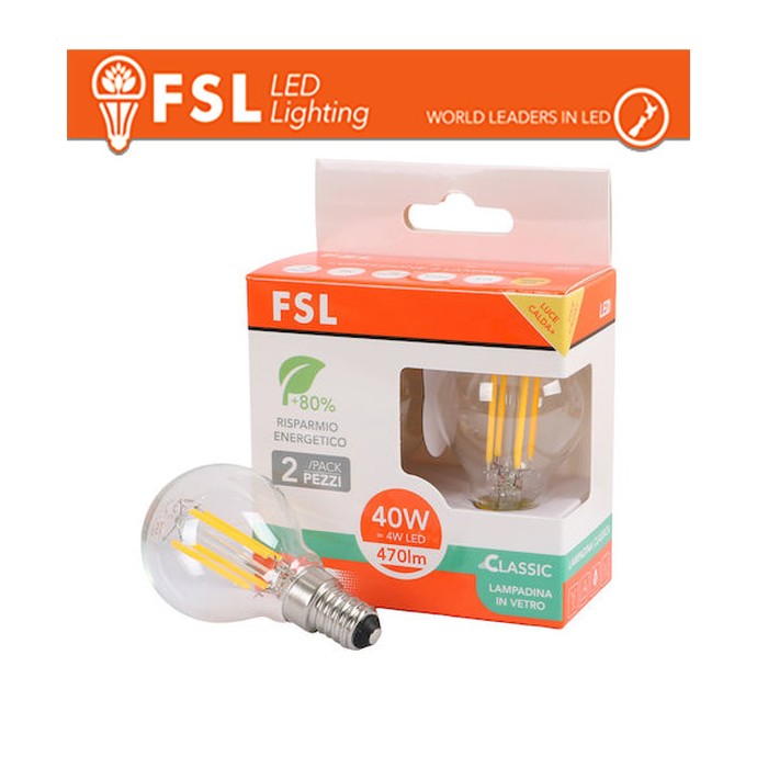 Lampadina LED filamento G45 4W 3000K E14 FSL - confezione da 2 pezzi