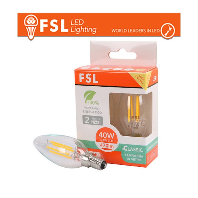 Lampadina LED Filamento Olive C35 4W 3000K E14 FSL confezione da 2