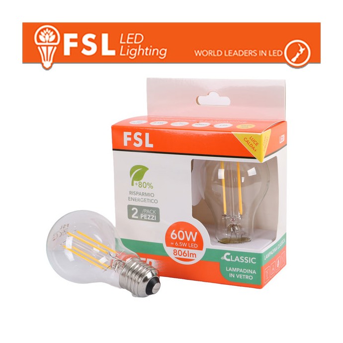 Lampadina LED Filamento A60 6.5W 3000K E27 FSL - confezione da 2 pezzi