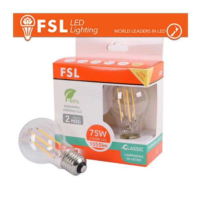 Lampadina LED filamento A60 8.5W 3000K E27, 2 pezzi FSL