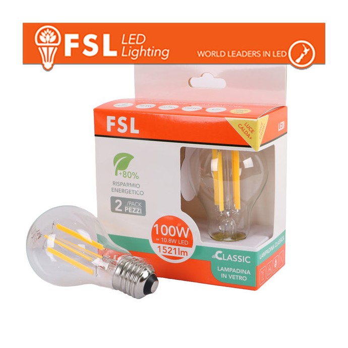 Lampadina LED a filamento A60 10.8W 3000K E27 FSL - confezione da 2 pezzi