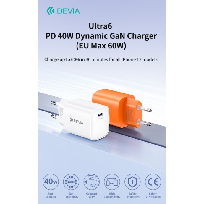 Caricabatterie GaN USB-C 40W max 60W Bianco Devia RCE-6001CWLEU