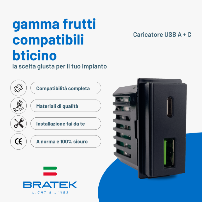 Presa USB 2 porte nera Tipo A + Tipo C compatibile bticino Living Now Biesse