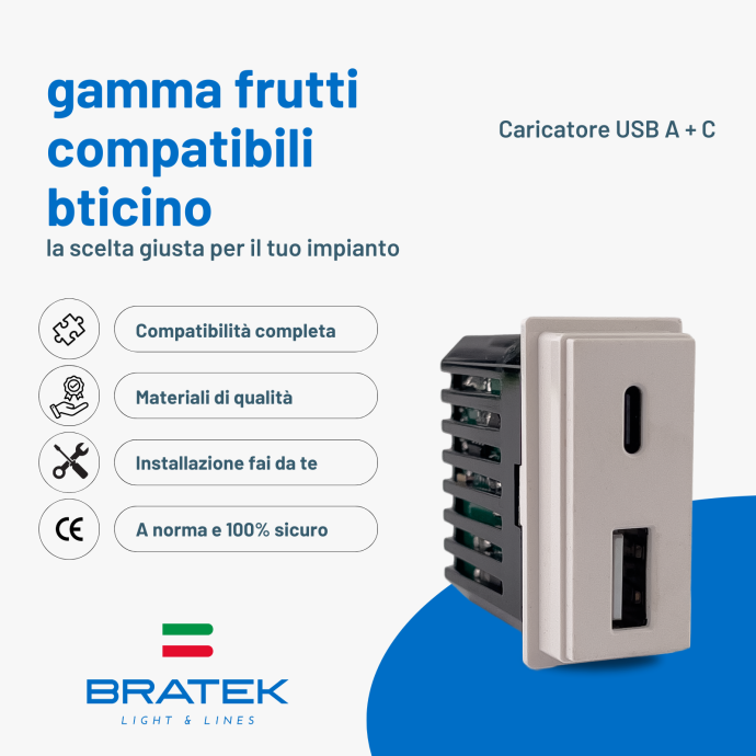 Presa USB da incasso 2 porte bianca Tipo A+C compatibile bticino Living Now Biesse