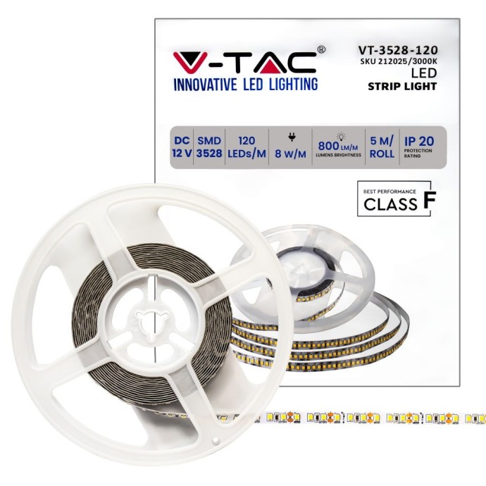 Strip LED 8W/m 12V 5 m V-TAC VT-3528-IP20 - Bobina da 5 m
